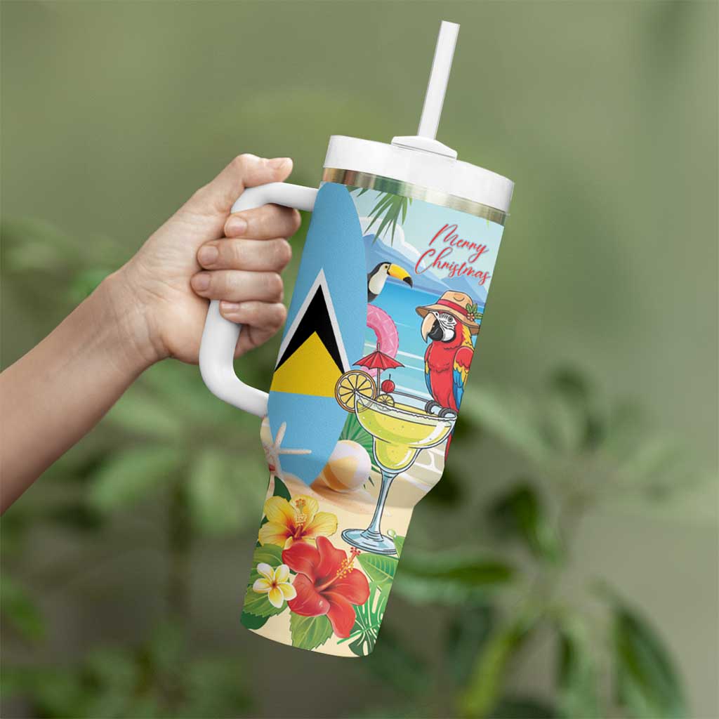 Personalized Saint Lucia Christmas Tumbler With Handle Chill Macaw Parrot Caribbean Tropical Style - Wonder Print Shop