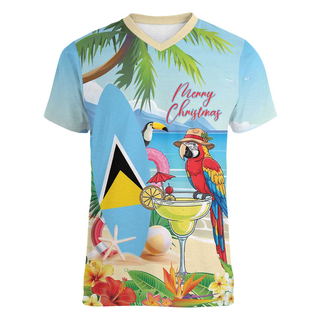 Personalized Saint Lucia Christmas Women V-Neck T-Shirt Chill Macaw Parrot Caribbean Tropical Style - Wonder Print Shop