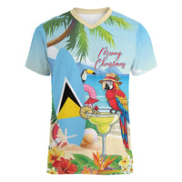 Personalized Saint Lucia Christmas Women V-Neck T-Shirt Chill Macaw Parrot Caribbean Tropical Style - Wonder Print Shop
