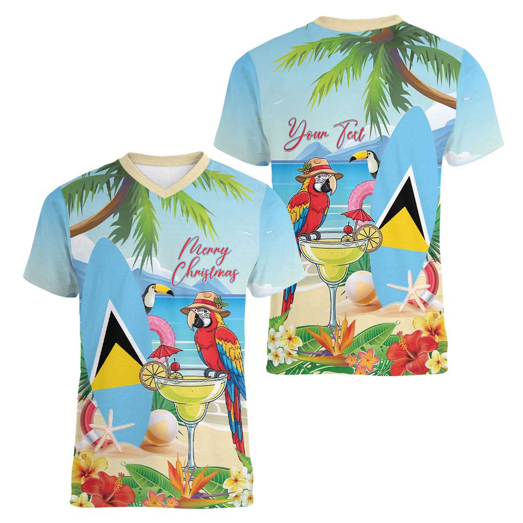 Personalized Saint Lucia Christmas Women V-Neck T-Shirt Chill Macaw Parrot Caribbean Tropical Style - Wonder Print Shop