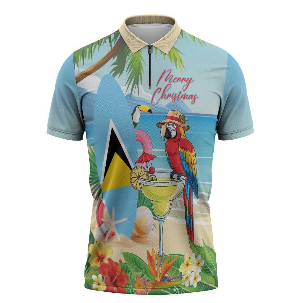 Personalized Saint Lucia Christmas Zipper Polo Shirt Chill Macaw Parrot Caribbean Tropical Style - Wonder Print Shop