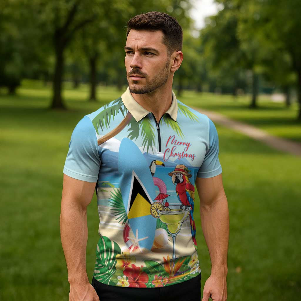 Personalized Saint Lucia Christmas Zipper Polo Shirt Chill Macaw Parrot Caribbean Tropical Style - Wonder Print Shop