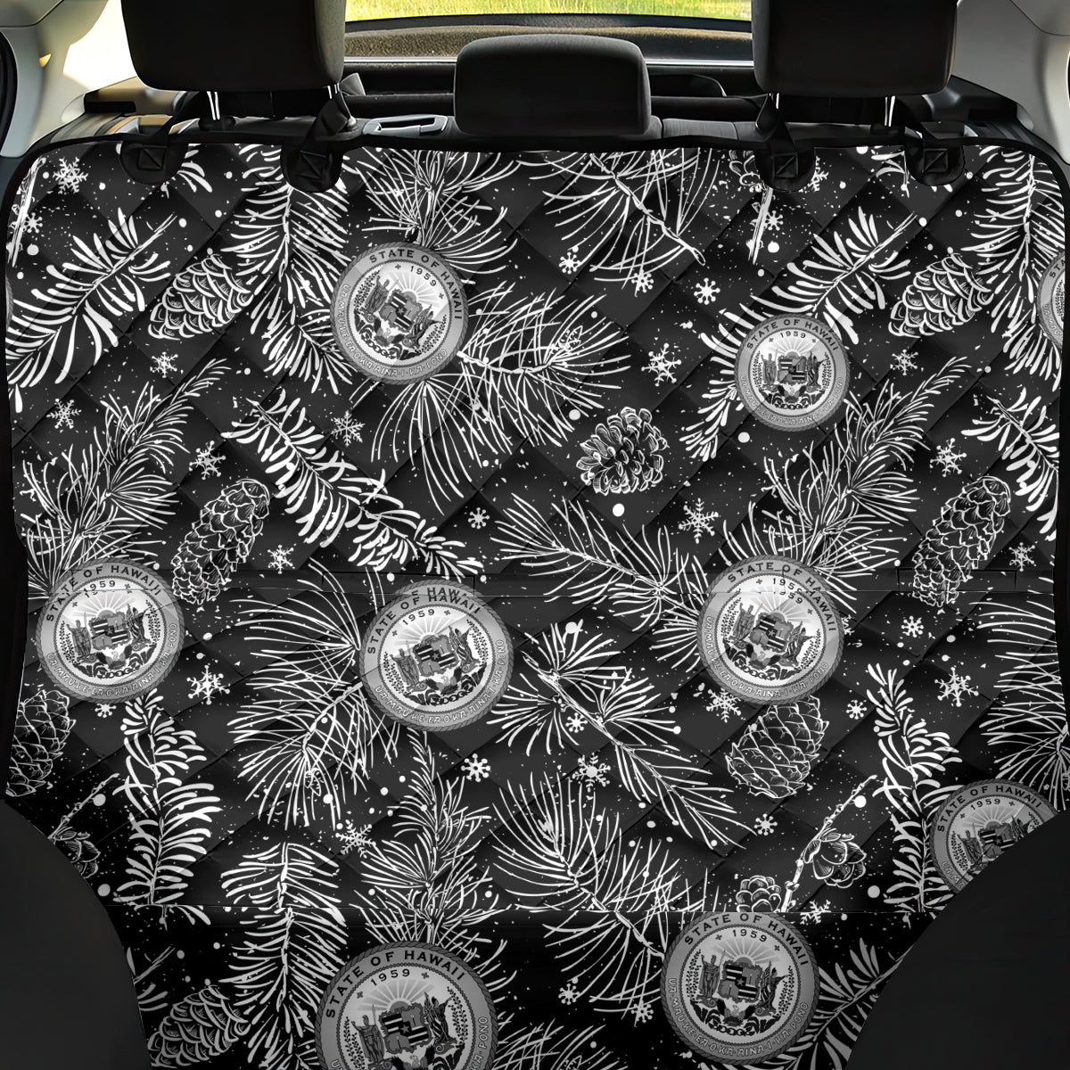 Hawaii Christmas Back Car Seat Cover Tropical Style With Coat Of Arms - Wonder Print Shop