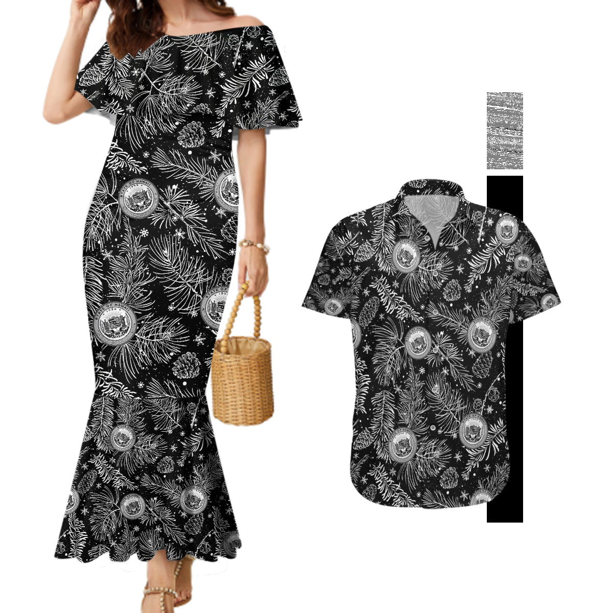 Hawaii Christmas Couples Matching Mermaid Dress and Hawaiian Shirt Tropical Style With Coat Of Arms - Wonder Print Shop
