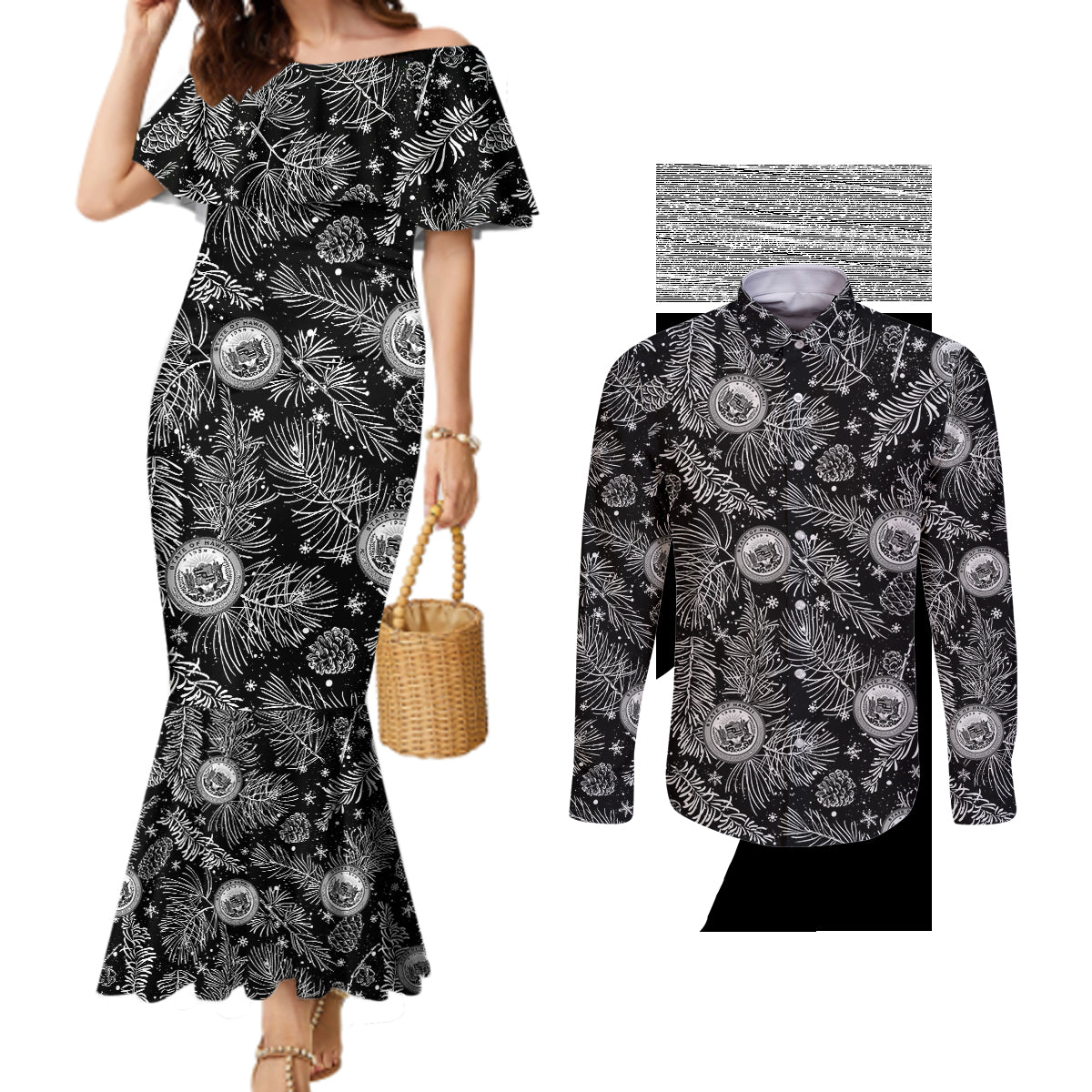 hawaii-christmas-couples-matching-mermaid-dress-and-long-sleeve-button-shirt-tropical-style-with-coat-of-arms
