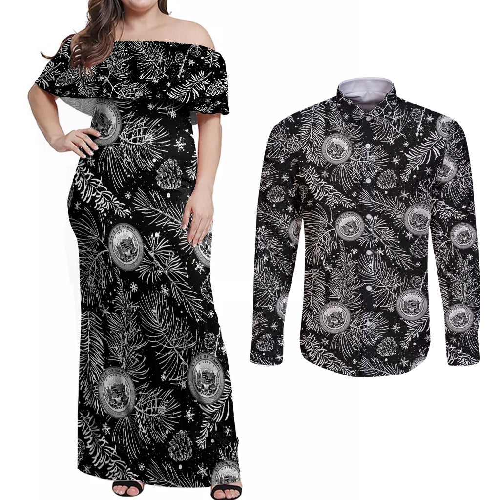 Hawaii Christmas Couples Matching Off Shoulder Maxi Dress and Long Sleeve Button Shirt Tropical Style With Coat Of Arms - Wonder Print Shop