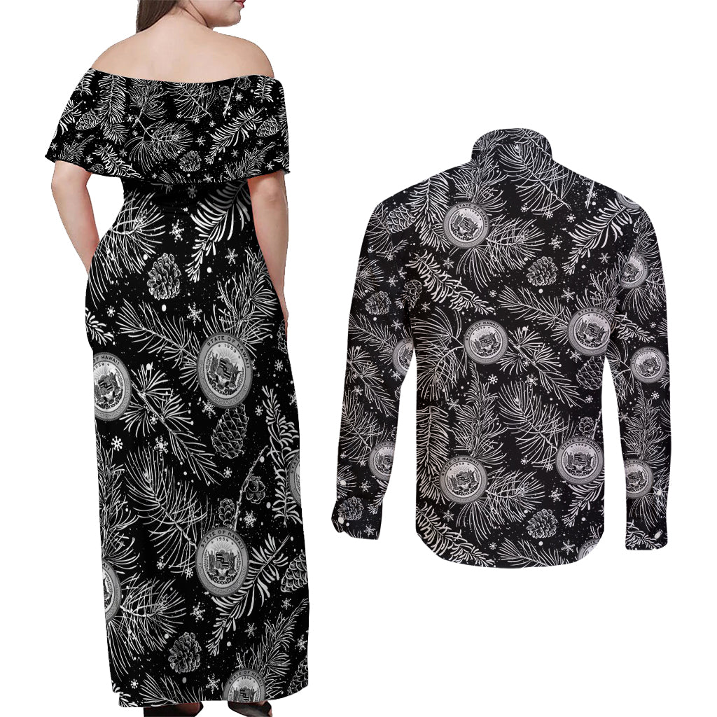 Hawaii Christmas Couples Matching Off Shoulder Maxi Dress and Long Sleeve Button Shirt Tropical Style With Coat Of Arms - Wonder Print Shop
