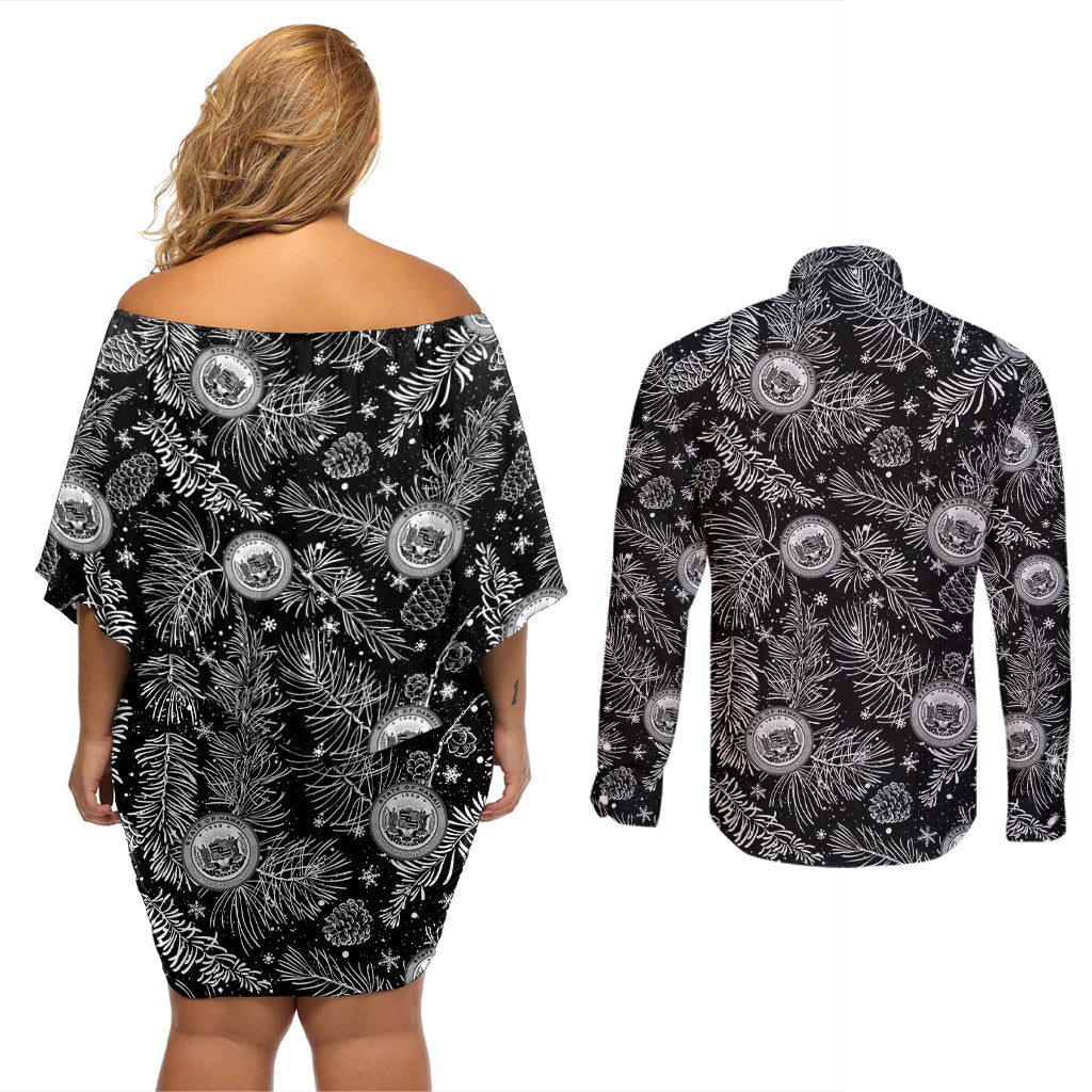 Hawaii Christmas Couples Matching Off Shoulder Short Dress and Long Sleeve Button Shirt Tropical Style With Coat Of Arms - Wonder Print Shop