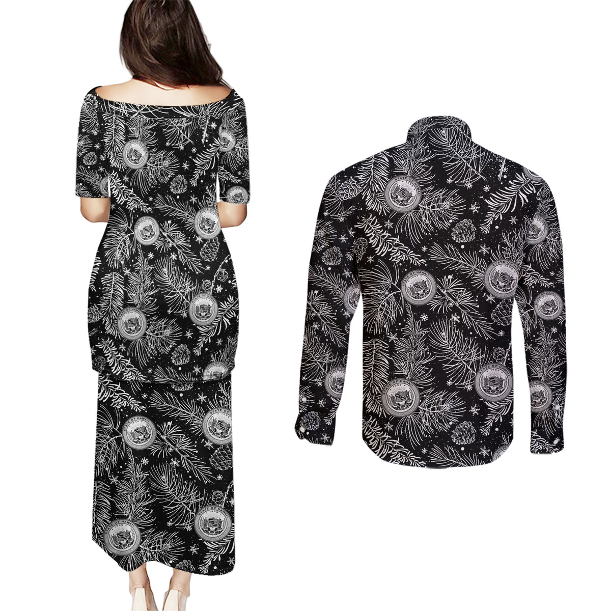 Hawaii Christmas Couples Matching Puletasi Dress and Long Sleeve Button Shirt Tropical Style With Coat Of Arms - Wonder Print Shop