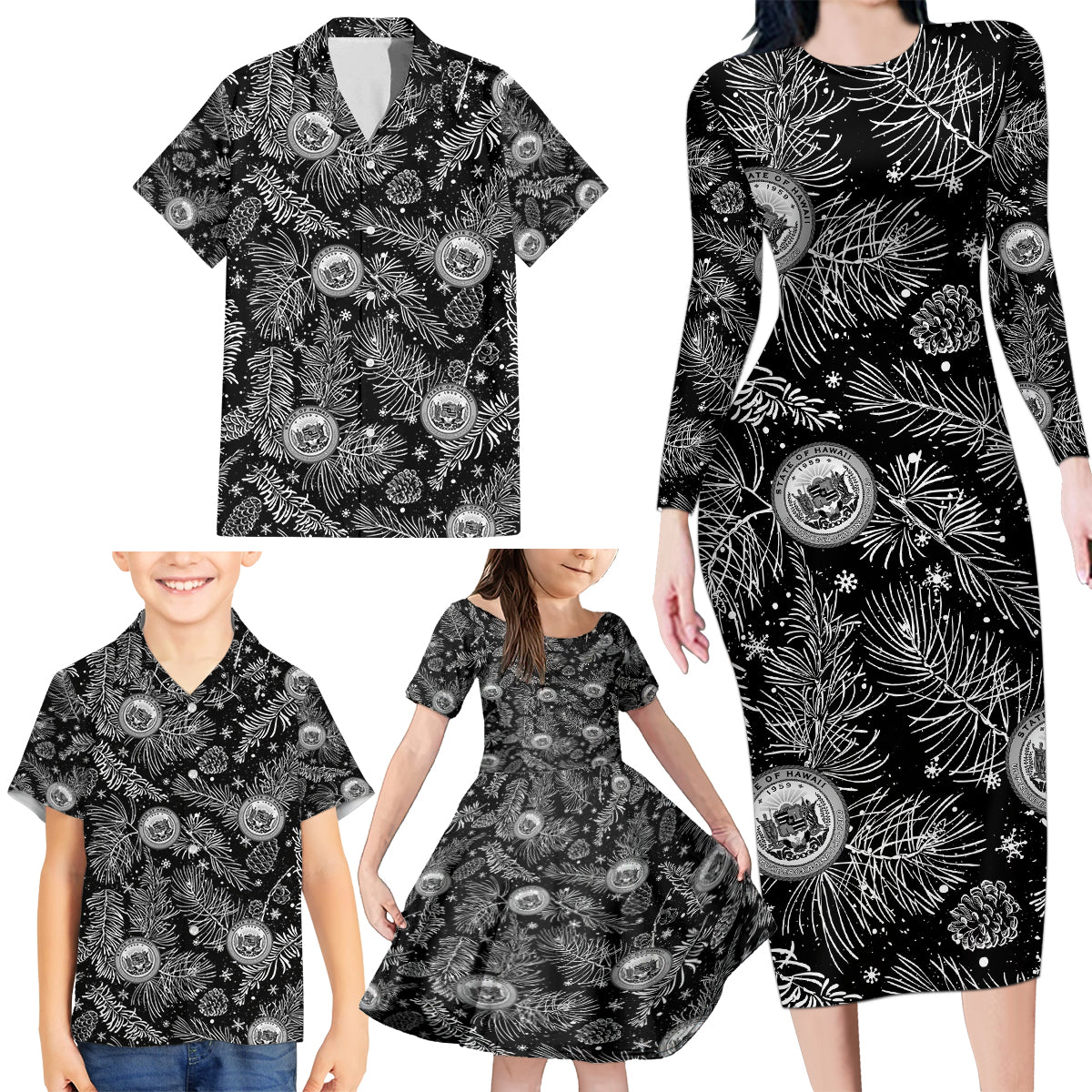 Hawaii Christmas Family Matching Long Sleeve Bodycon Dress and Hawaiian Shirt Tropical Style With Coat Of Arms - Wonder Print Shop