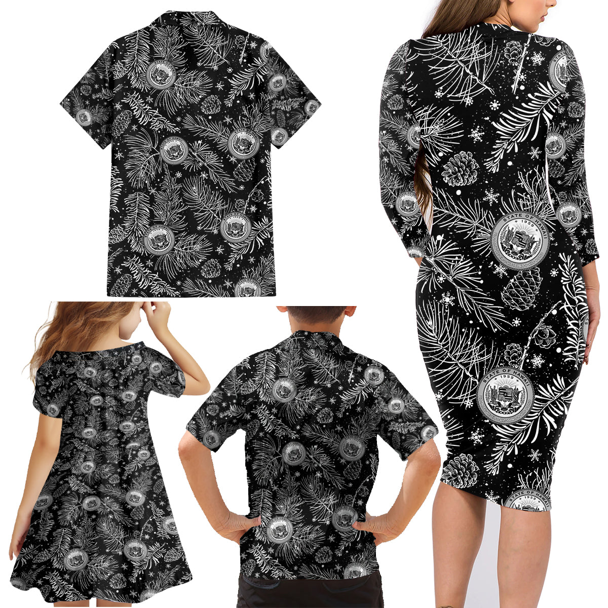 Hawaii Christmas Family Matching Long Sleeve Bodycon Dress and Hawaiian Shirt Tropical Style With Coat Of Arms - Wonder Print Shop