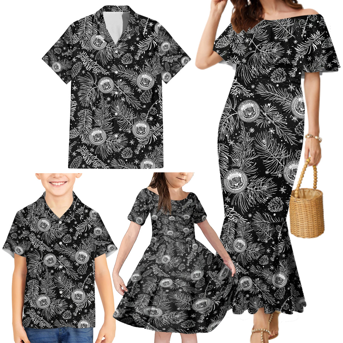 Hawaii Christmas Family Matching Mermaid Dress and Hawaiian Shirt Tropical Style With Coat Of Arms - Wonder Print Shop