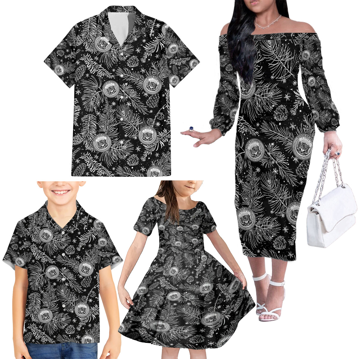 Hawaii Christmas Family Matching Off Shoulder Long Sleeve Dress and Hawaiian Shirt Tropical Style With Coat Of Arms - Wonder Print Shop