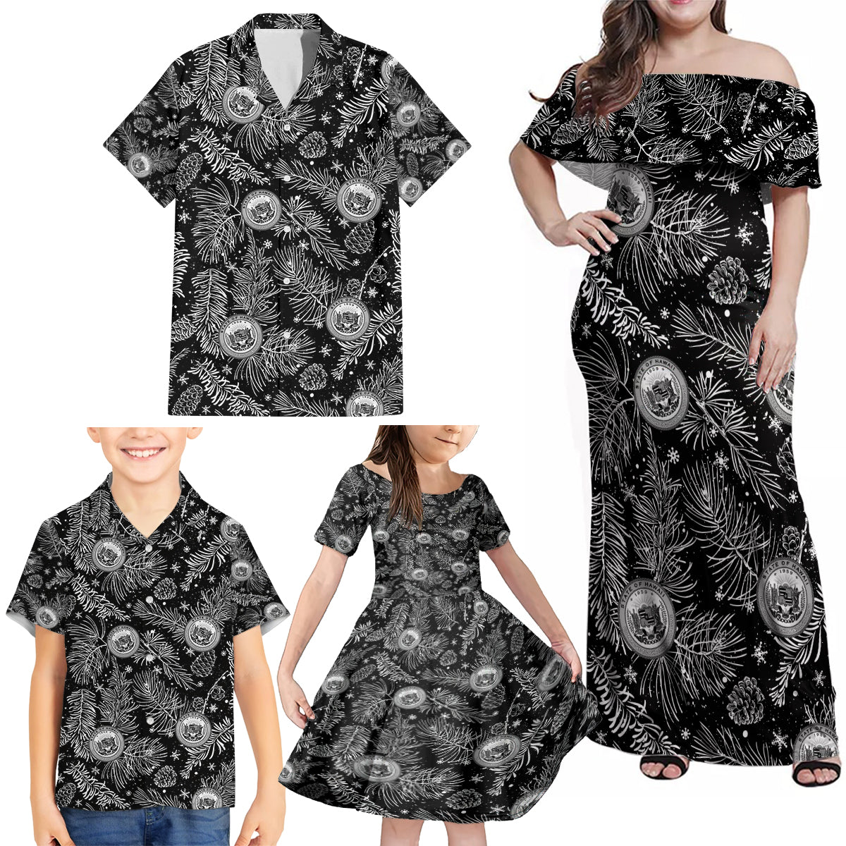 Hawaii Christmas Family Matching Off Shoulder Maxi Dress and Hawaiian Shirt Tropical Style With Coat Of Arms - Wonder Print Shop