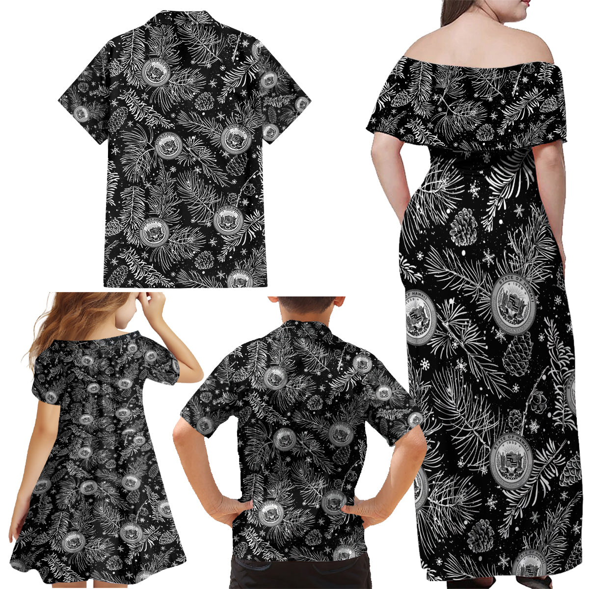 Hawaii Christmas Family Matching Off Shoulder Maxi Dress and Hawaiian Shirt Tropical Style With Coat Of Arms - Wonder Print Shop