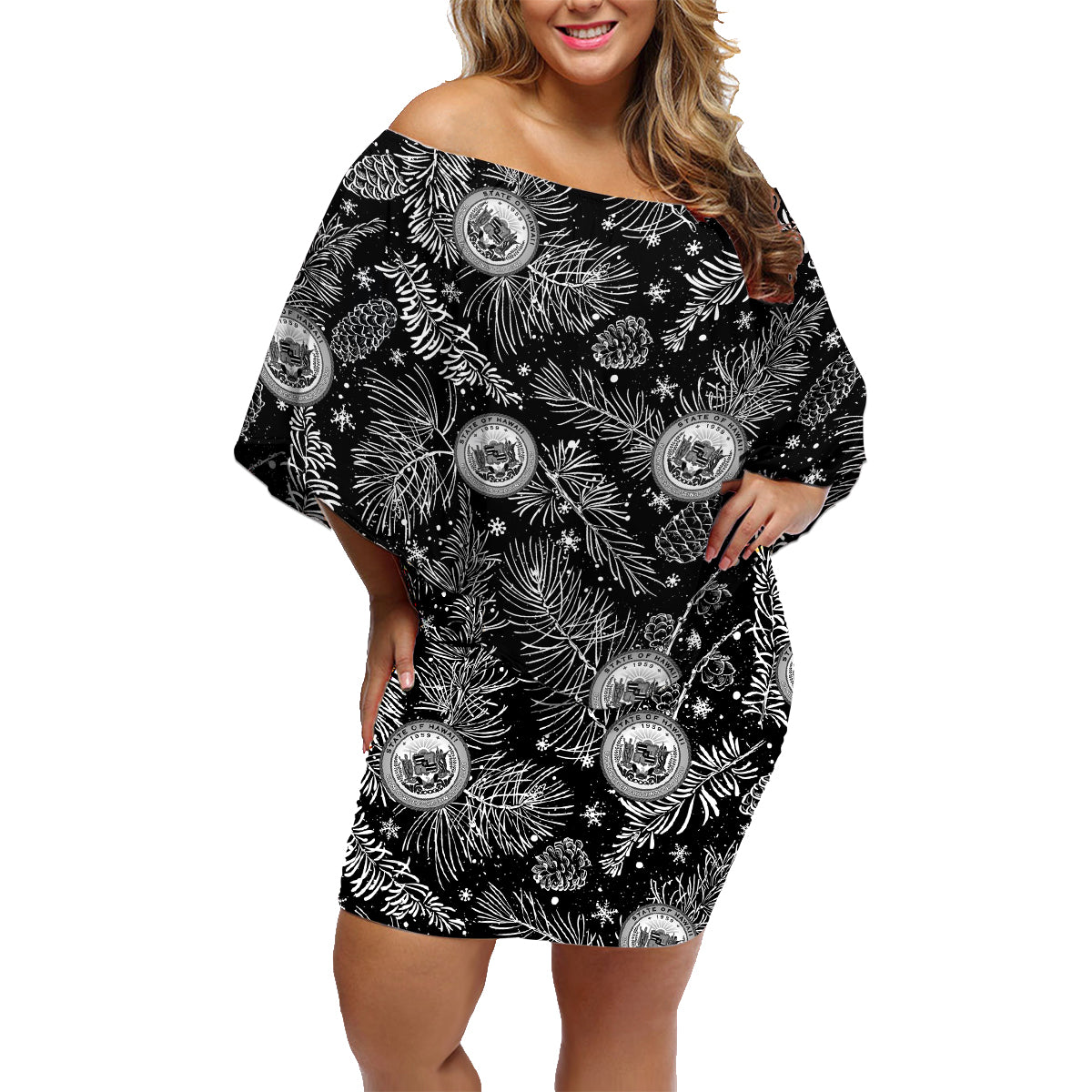 Hawaii Christmas Family Matching Off Shoulder Short Dress and Hawaiian Shirt Tropical Style With Coat Of Arms - Wonder Print Shop