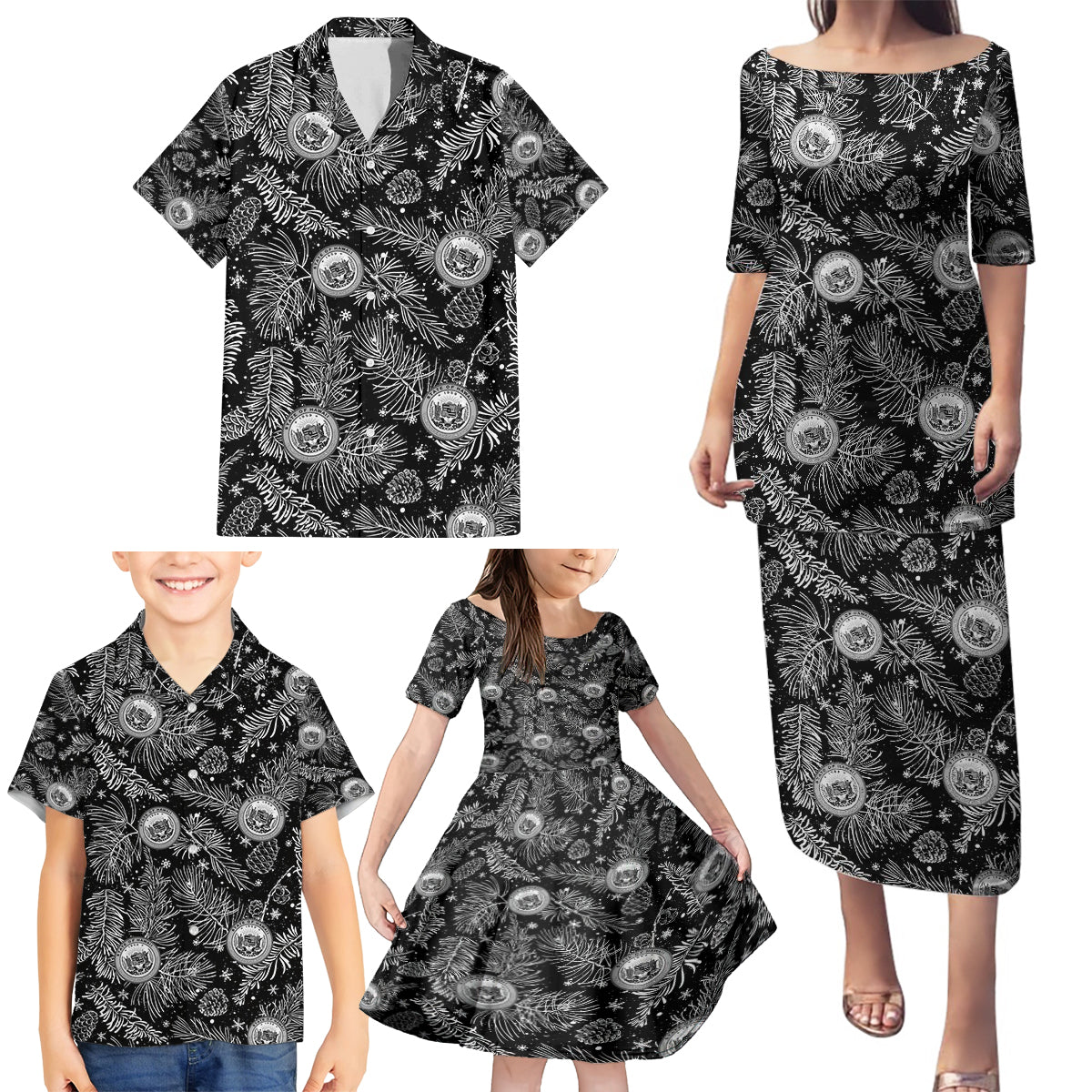 Hawaii Christmas Family Matching Puletasi Dress and Hawaiian Shirt Tropical Style With Coat Of Arms - Wonder Print Shop