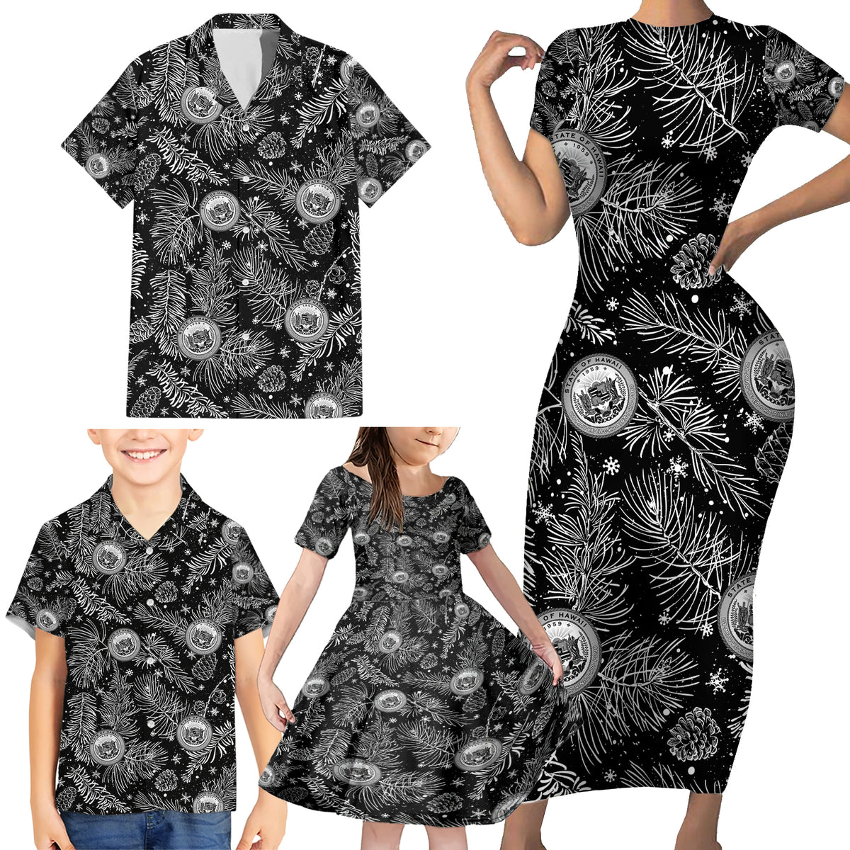 Hawaii Christmas Family Matching Short Sleeve Bodycon Dress and Hawaiian Shirt Tropical Style With Coat Of Arms - Wonder Print Shop