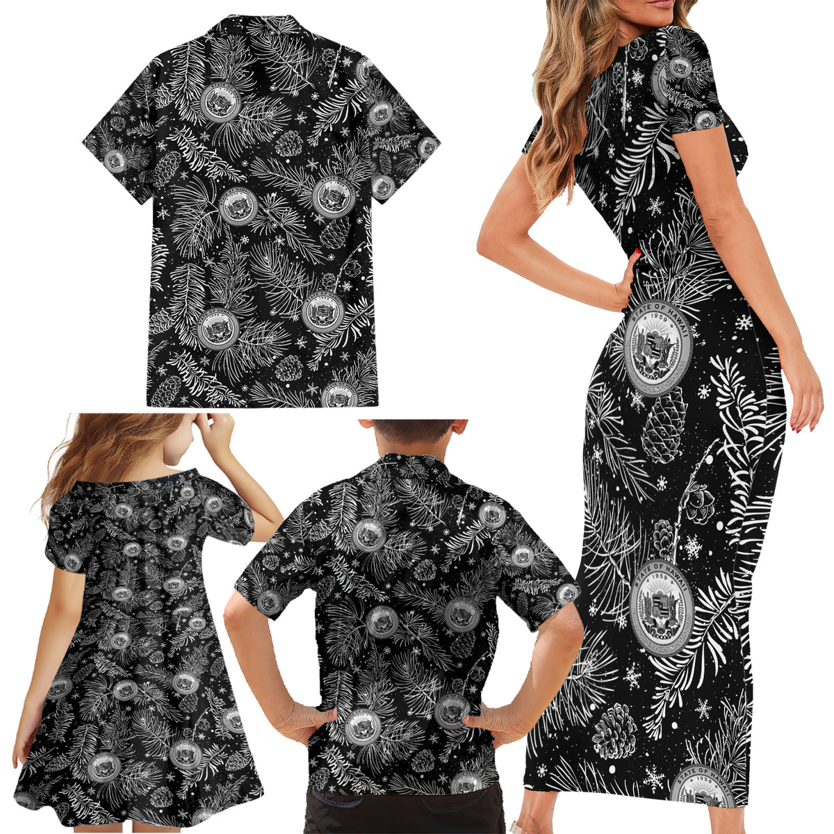 Hawaii Christmas Family Matching Short Sleeve Bodycon Dress and Hawaiian Shirt Tropical Style With Coat Of Arms - Wonder Print Shop