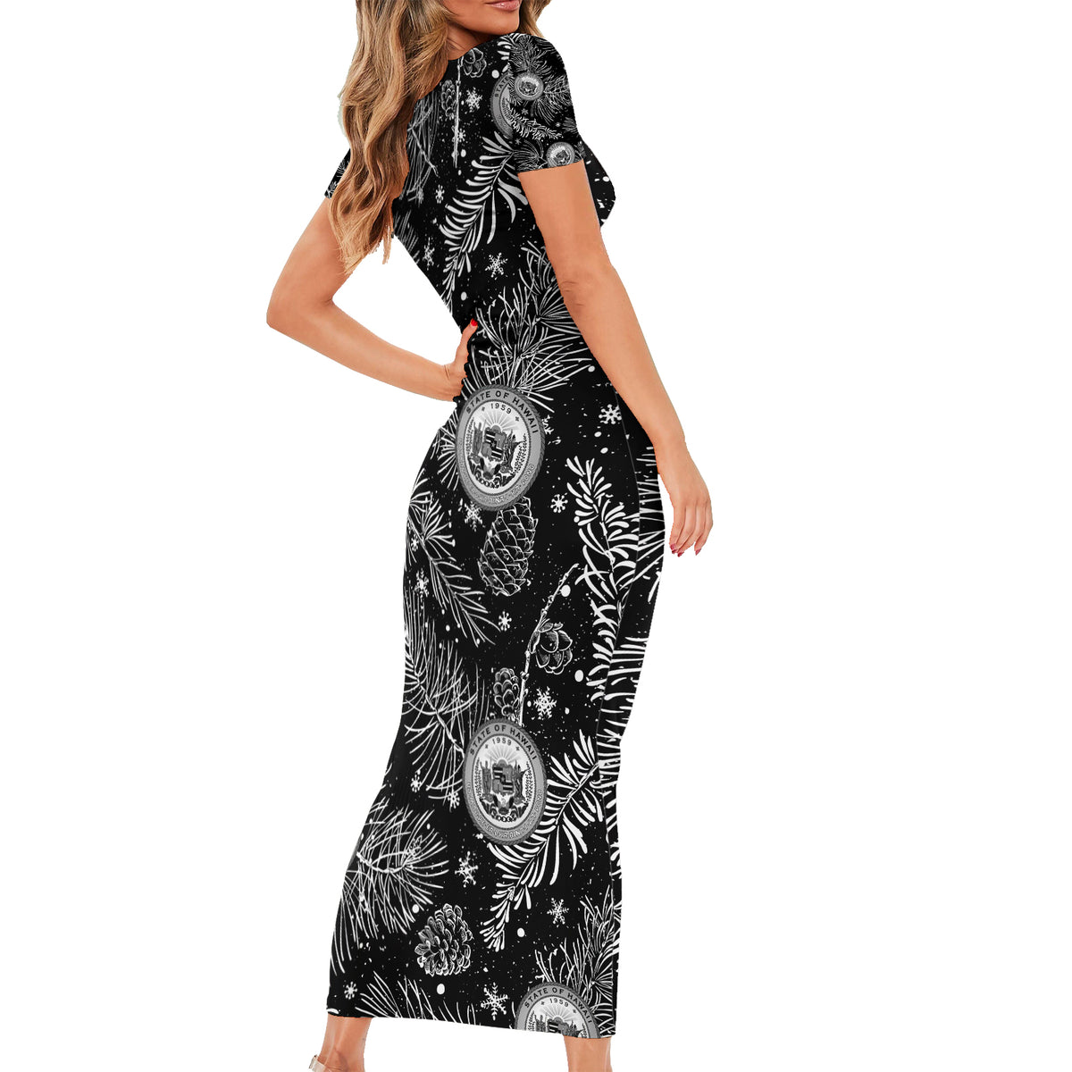 Hawaii Christmas Family Matching Short Sleeve Bodycon Dress and Hawaiian Shirt Tropical Style With Coat Of Arms - Wonder Print Shop