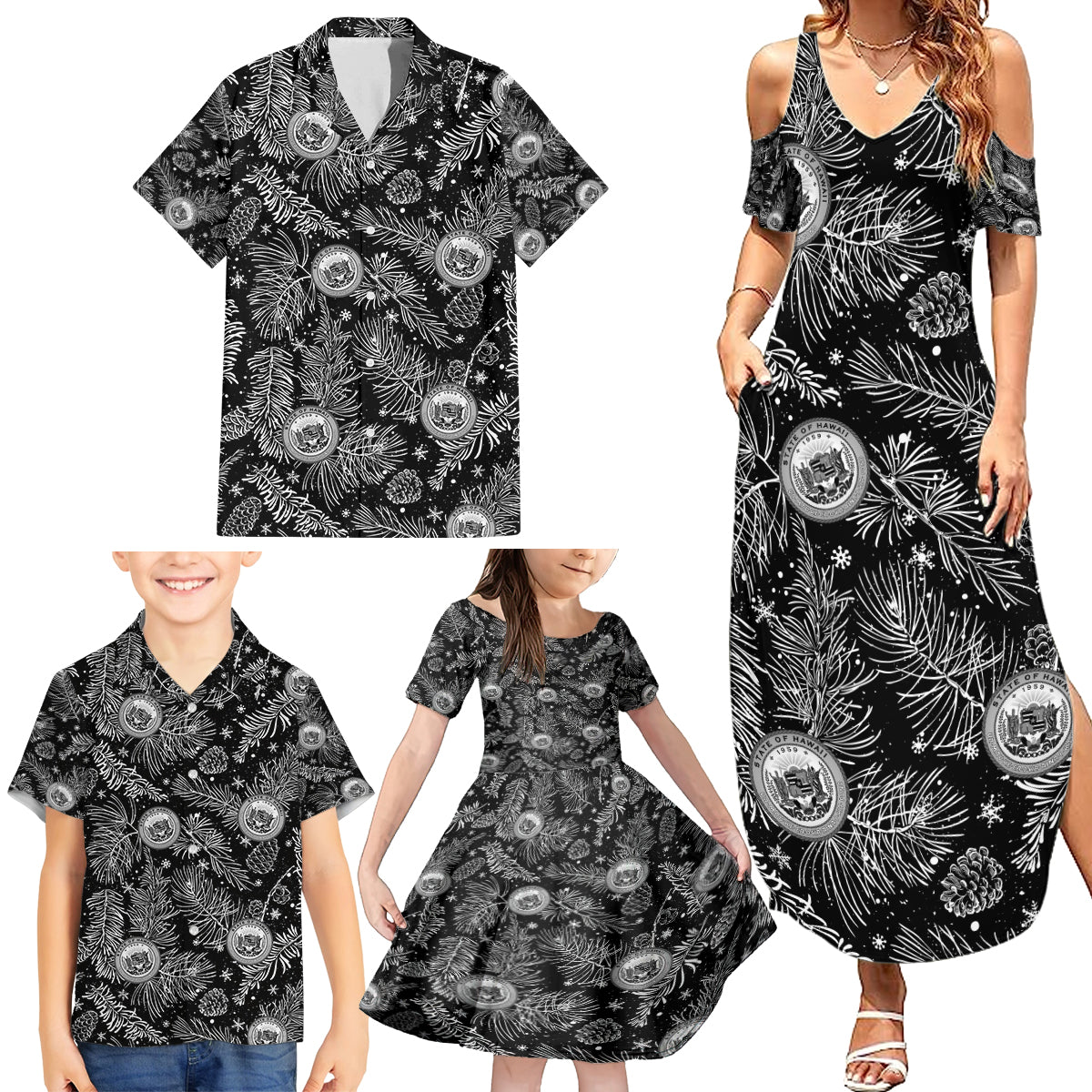 Hawaii Christmas Family Matching Summer Maxi Dress and Hawaiian Shirt Tropical Style With Coat Of Arms - Wonder Print Shop