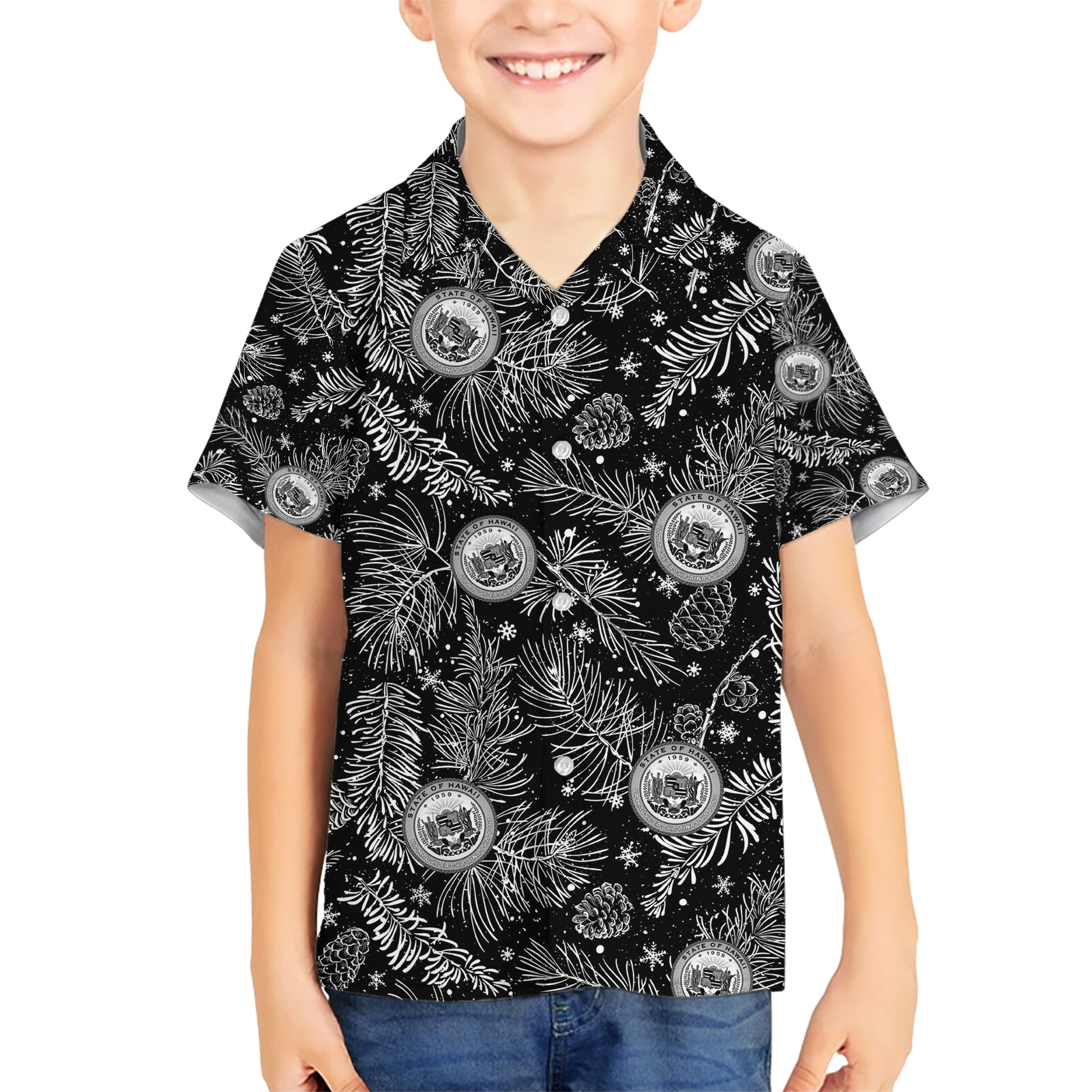 Hawaii Christmas Kid Hawaiian Shirt Tropical Style With Coat Of Arms - Wonder Print Shop