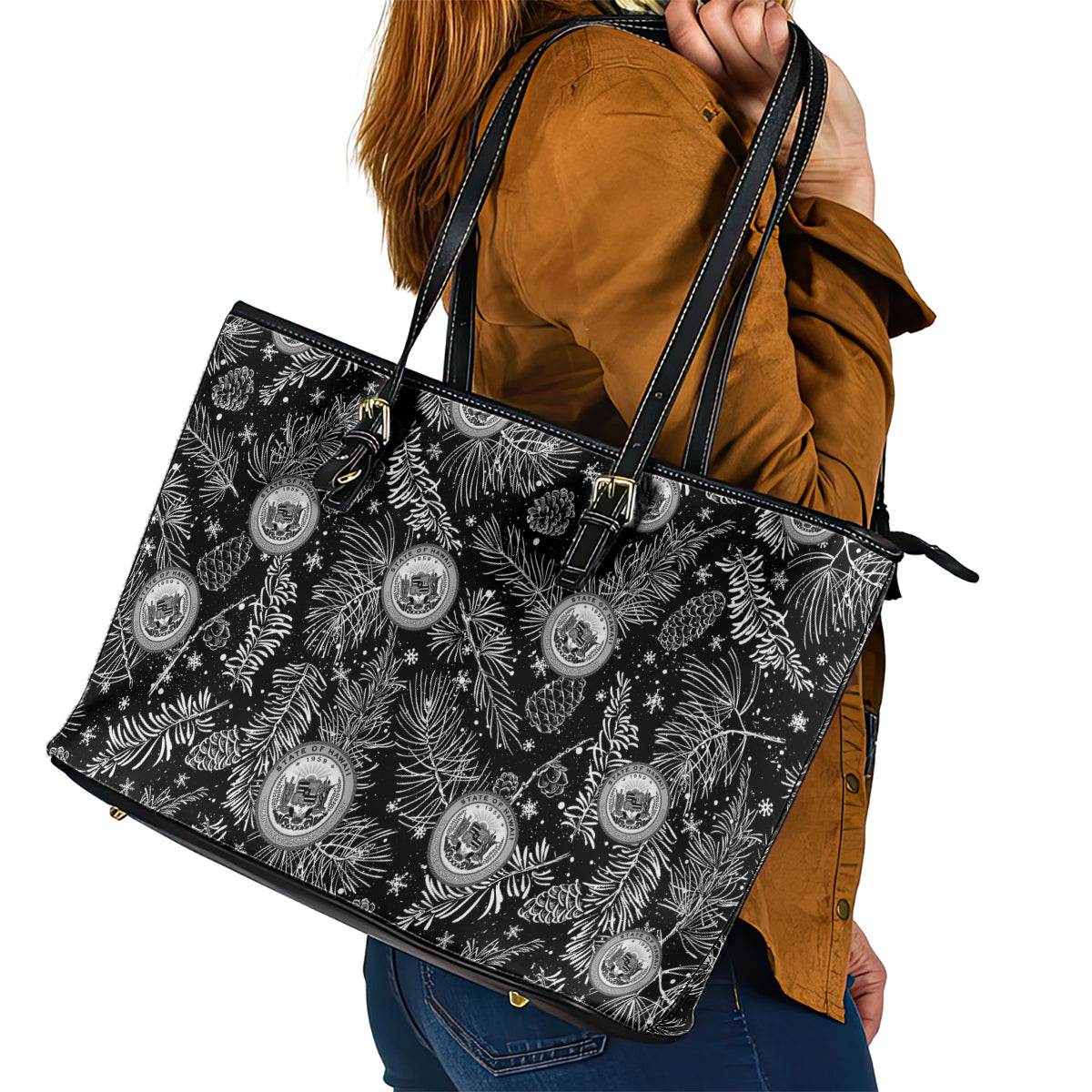 Hawaii Christmas Leather Tote Bag Tropical Style With Coat Of Arms - Wonder Print Shop