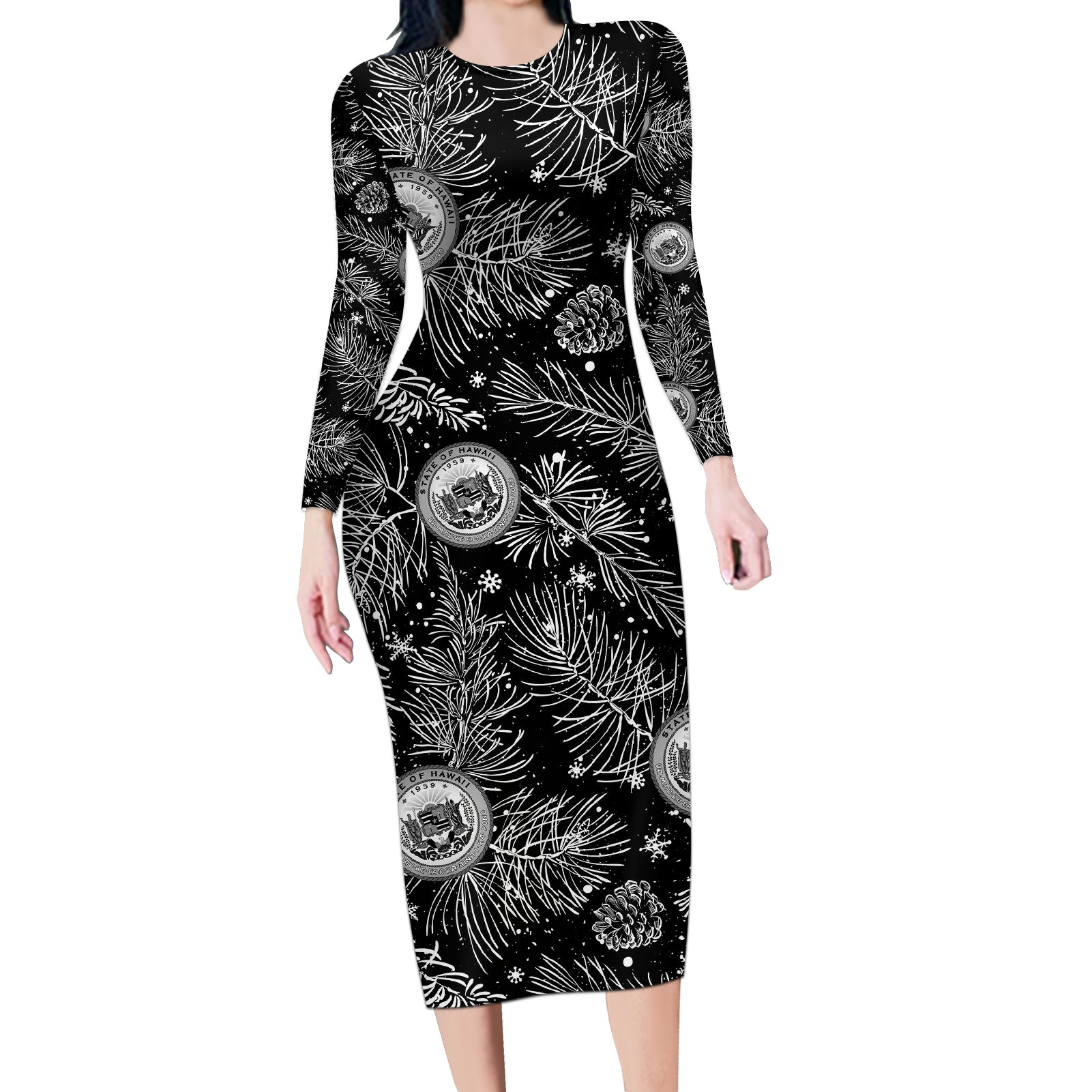 Hawaii Christmas Long Sleeve Bodycon Dress Tropical Style With Coat Of Arms - Wonder Print Shop