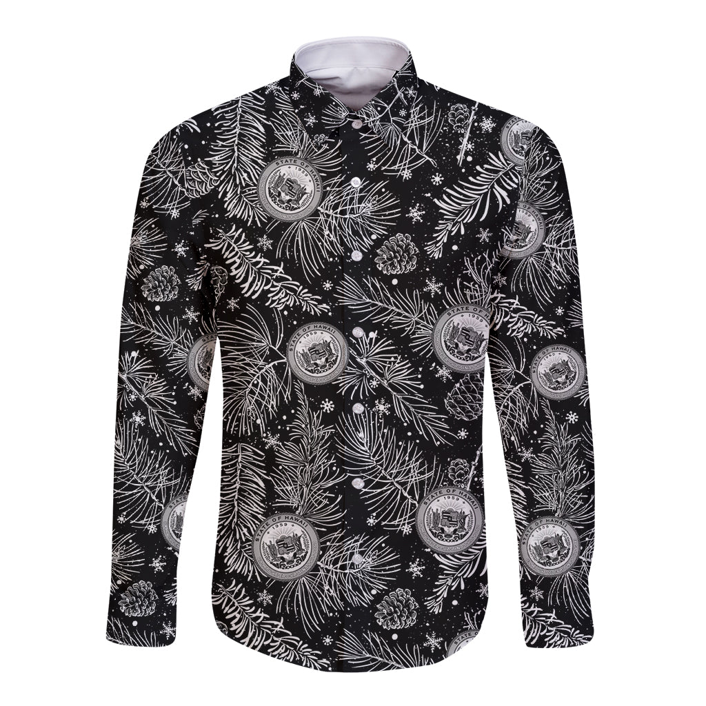 Hawaii Christmas Long Sleeve Button Shirt Tropical Style With Coat Of Arms - Wonder Print Shop