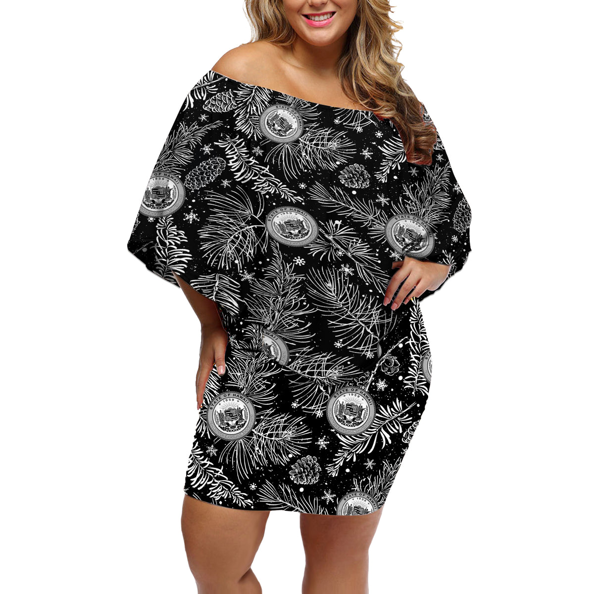 Hawaii Christmas Off Shoulder Short Dress Tropical Style With Coat Of Arms - Wonder Print Shop