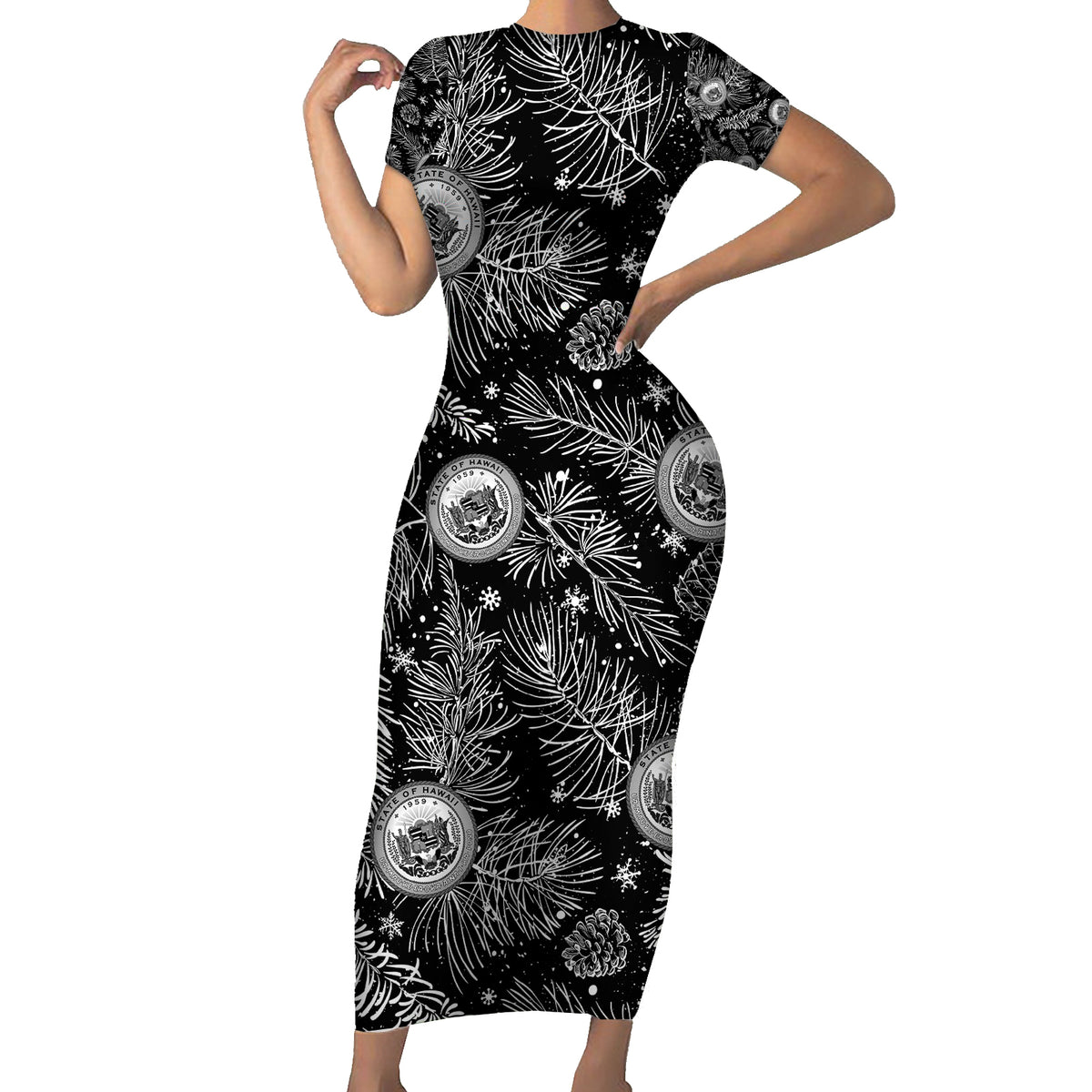 Hawaii Christmas Short Sleeve Bodycon Dress Tropical Style With Coat Of Arms - Wonder Print Shop