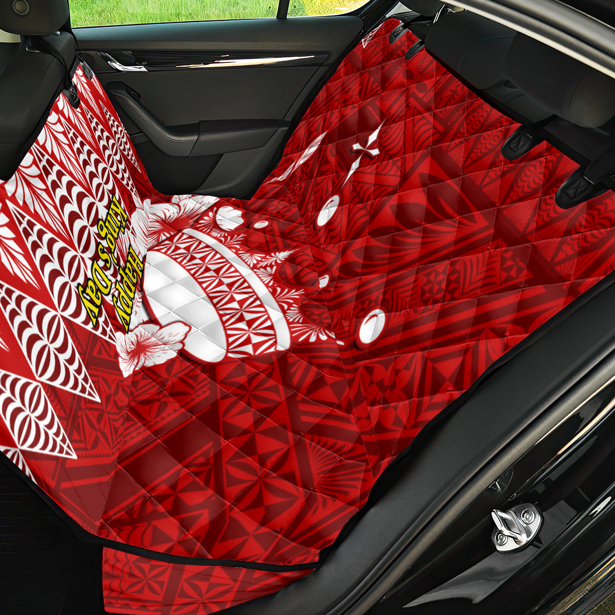 Personalised Tonga King Tupou I Day Back Car Seat Cover Tongan Ngatu Pattern With Crown - Wonder Print Shop