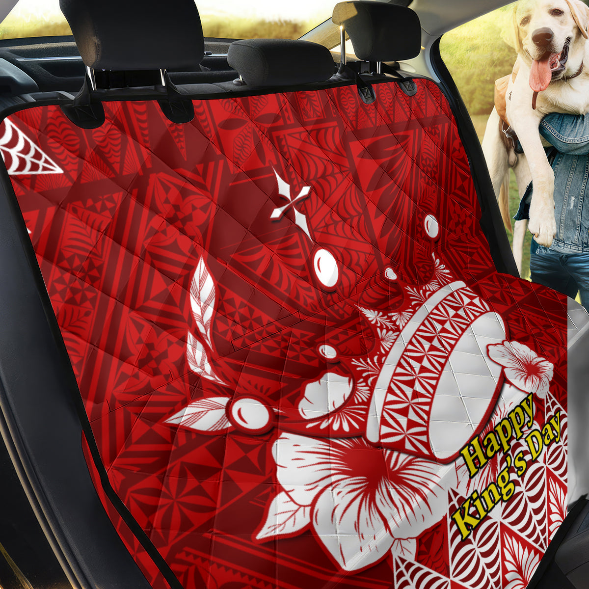 Personalised Tonga King Tupou I Day Back Car Seat Cover Tongan Ngatu Pattern With Crown - Wonder Print Shop