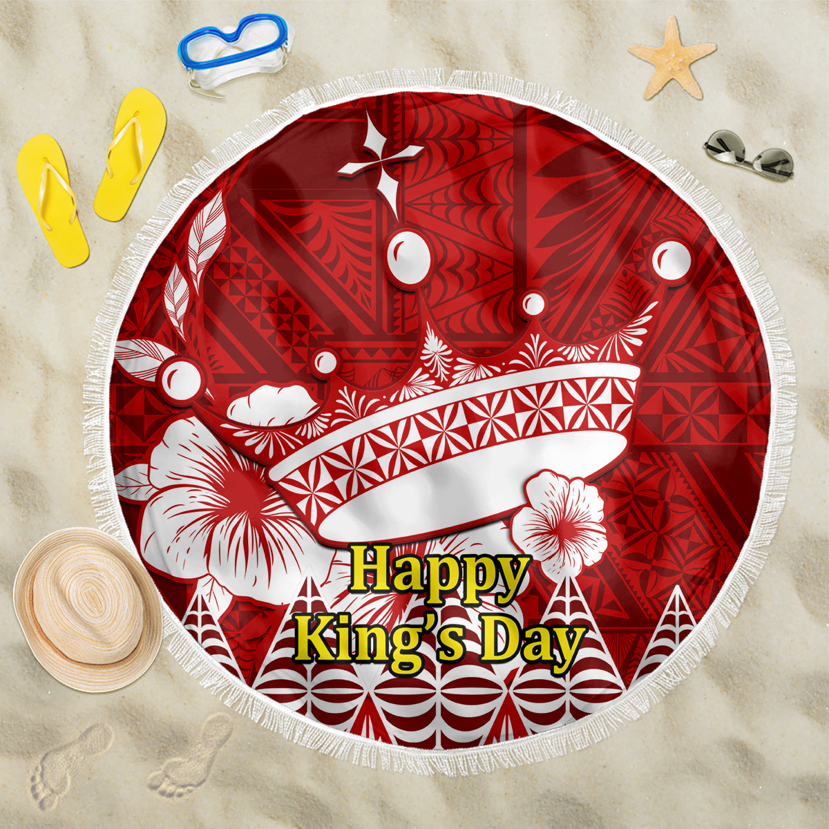 Personalised Tonga King Tupou I Day Beach Blanket Tongan Ngatu Pattern With Crown - Wonder Print Shop