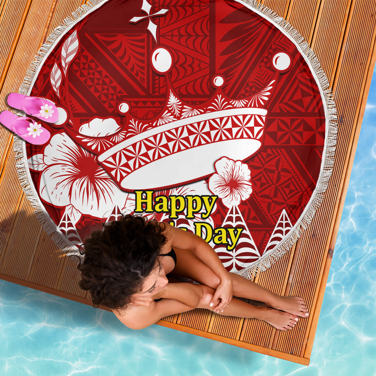 Personalised Tonga King Tupou I Day Beach Blanket Tongan Ngatu Pattern With Crown - Wonder Print Shop