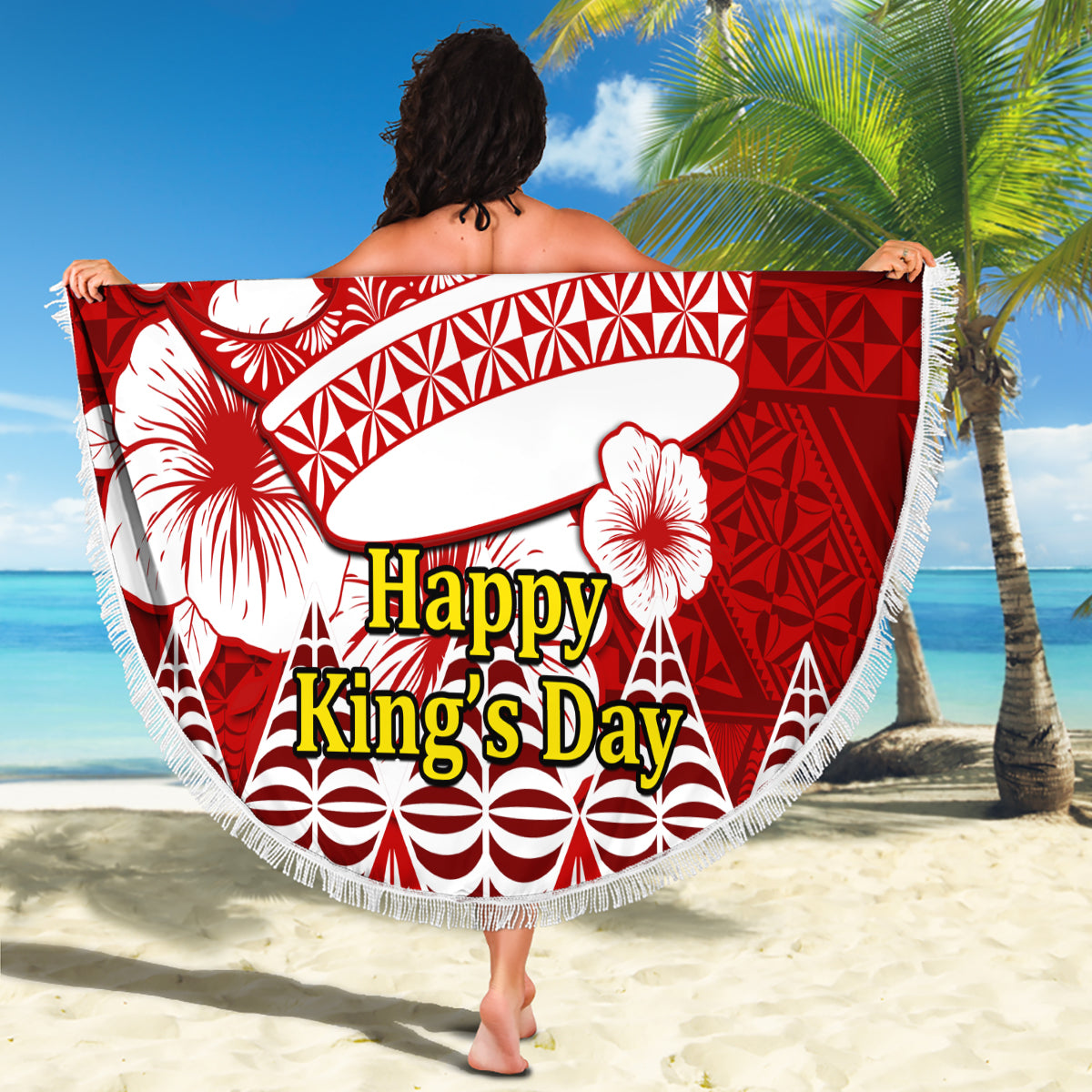Personalised Tonga King Tupou I Day Beach Blanket Tongan Ngatu Pattern With Crown - Wonder Print Shop