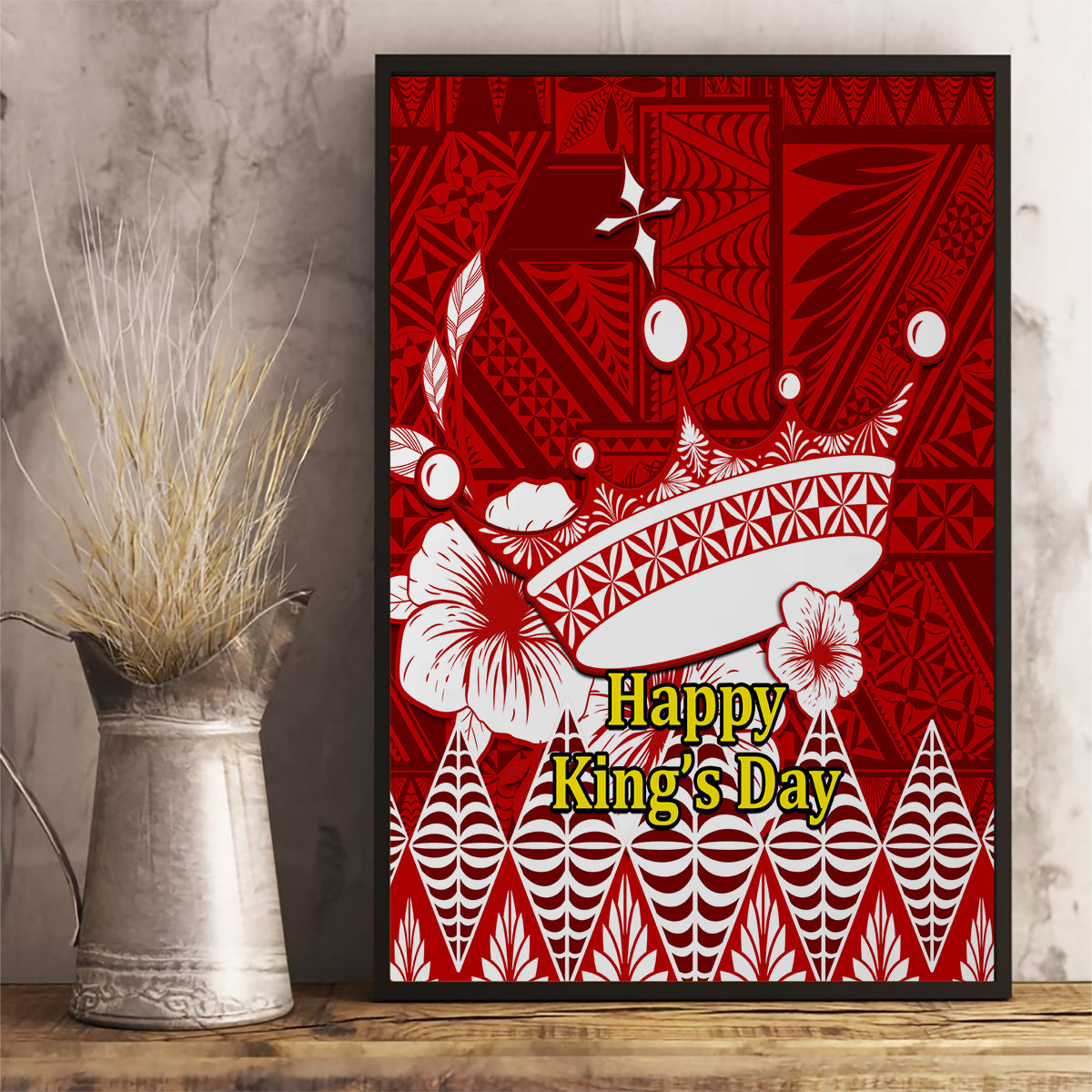 Personalised Tonga King Tupou I Day Canvas Wall Art Tongan Ngatu Pattern With Crown - Wonder Print Shop