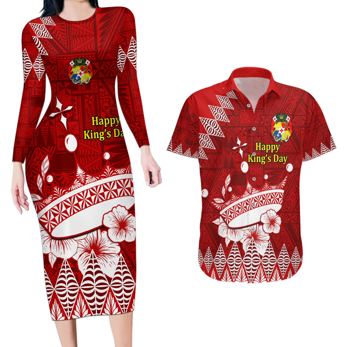Personalised Tonga King Tupou I Day Couples Matching Long Sleeve Bodycon Dress and Hawaiian Shirt Tongan Ngatu Pattern With Crown - Wonder Print Shop