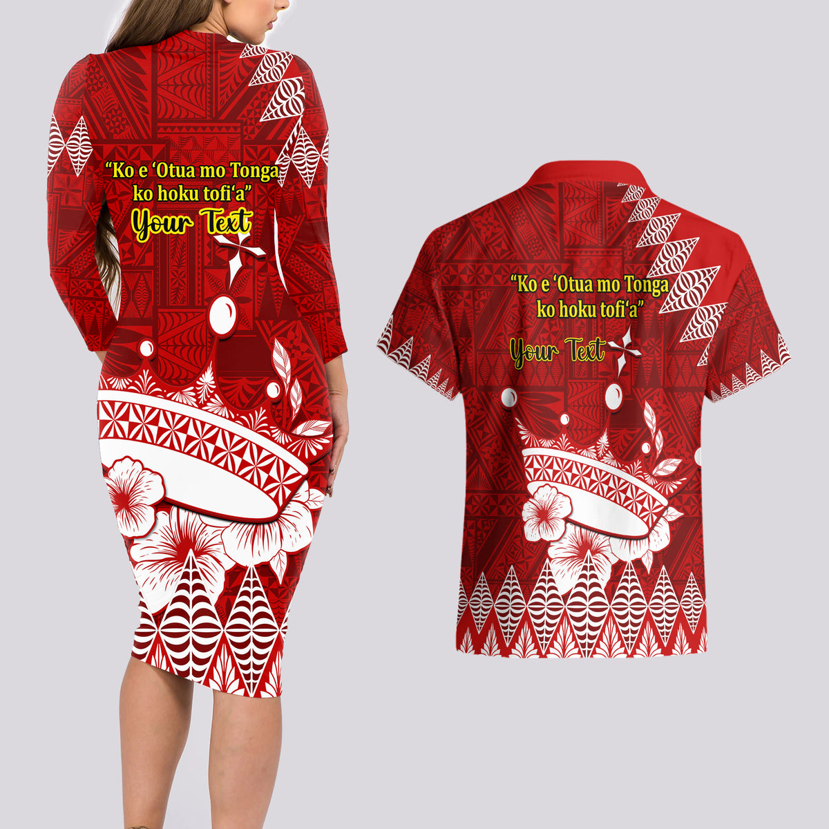 Personalised Tonga King Tupou I Day Couples Matching Long Sleeve Bodycon Dress and Hawaiian Shirt Tongan Ngatu Pattern With Crown - Wonder Print Shop