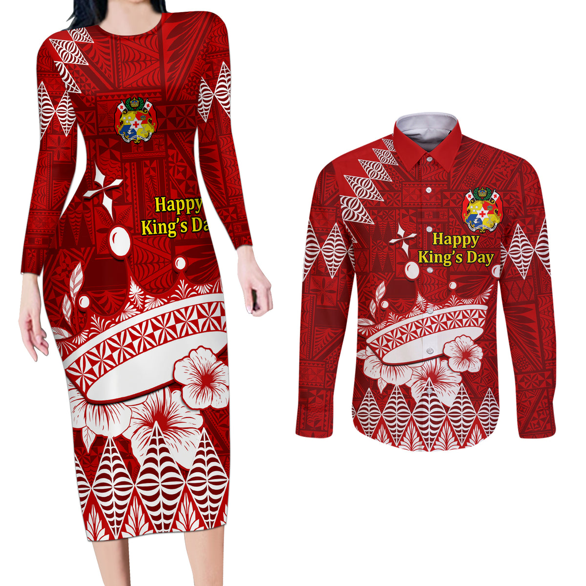 Personalised Tonga King Tupou I Day Couples Matching Long Sleeve Bodycon Dress and Long Sleeve Button Shirt Tongan Ngatu Pattern With Crown - Wonder Print Shop
