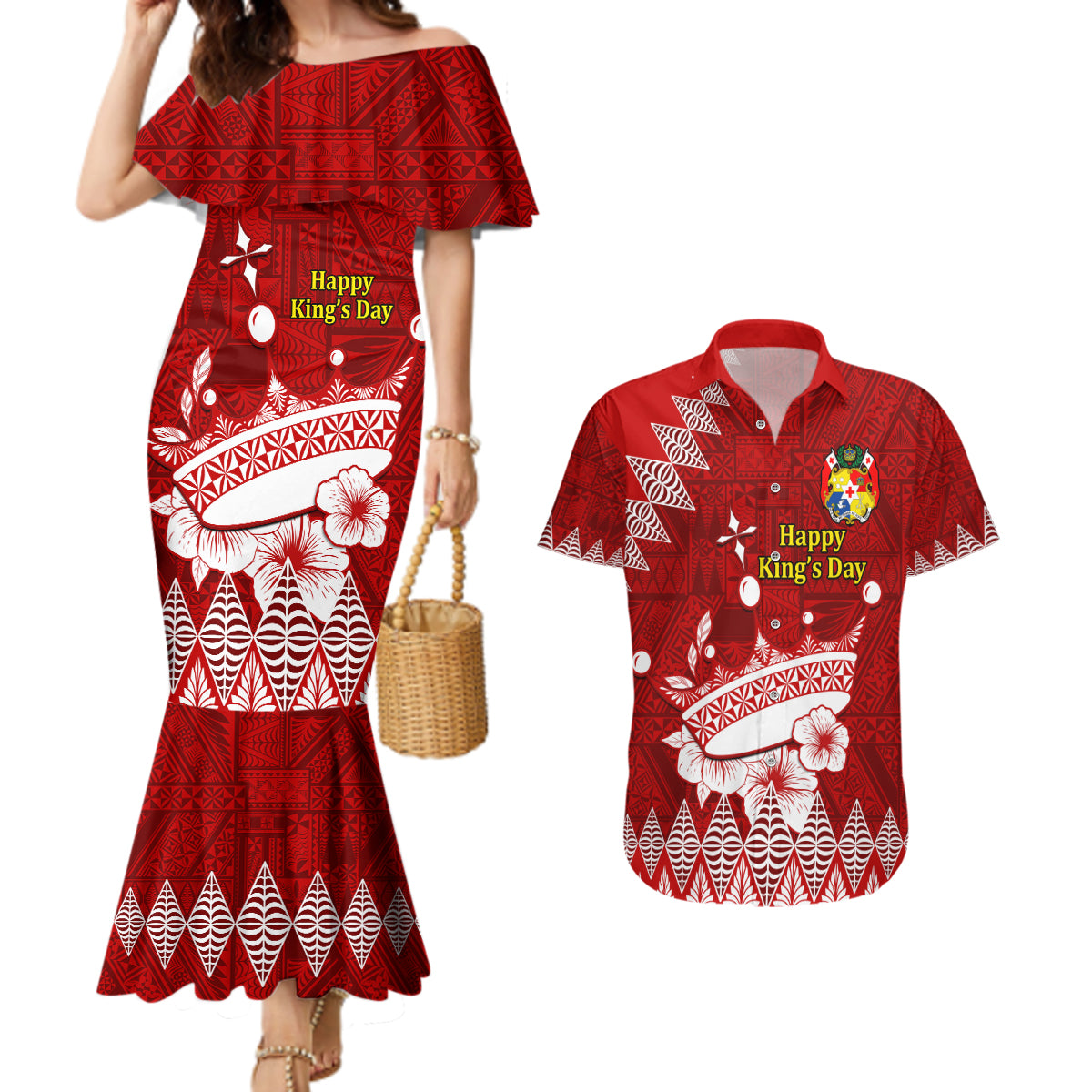 Personalised Tonga King Tupou I Day Couples Matching Mermaid Dress and Hawaiian Shirt Tongan Ngatu Pattern With Crown - Wonder Print Shop