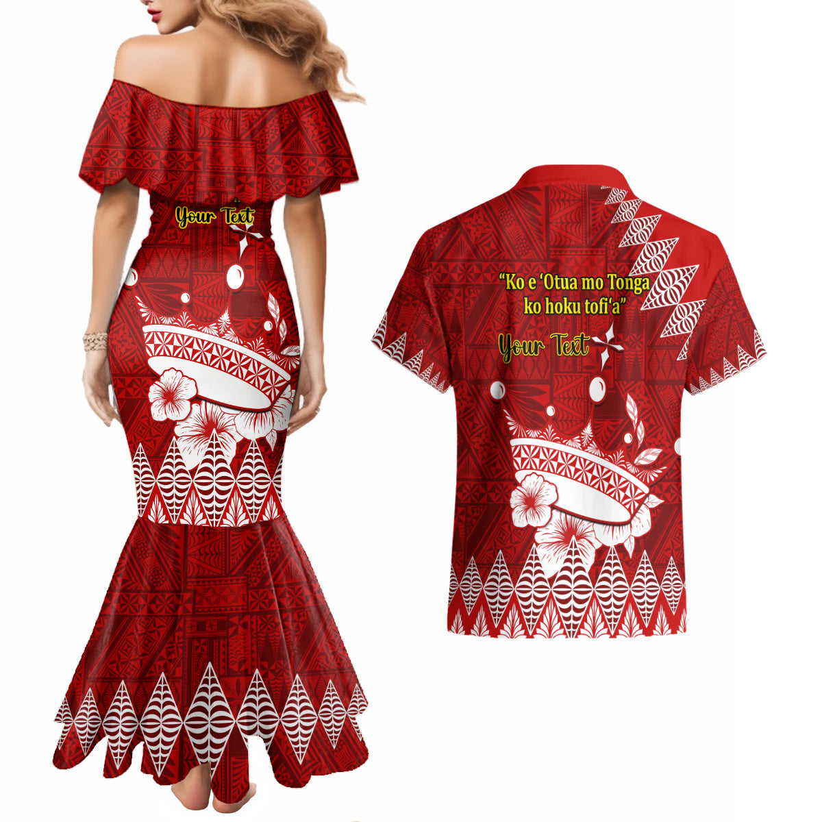Personalised Tonga King Tupou I Day Couples Matching Mermaid Dress and Hawaiian Shirt Tongan Ngatu Pattern With Crown - Wonder Print Shop