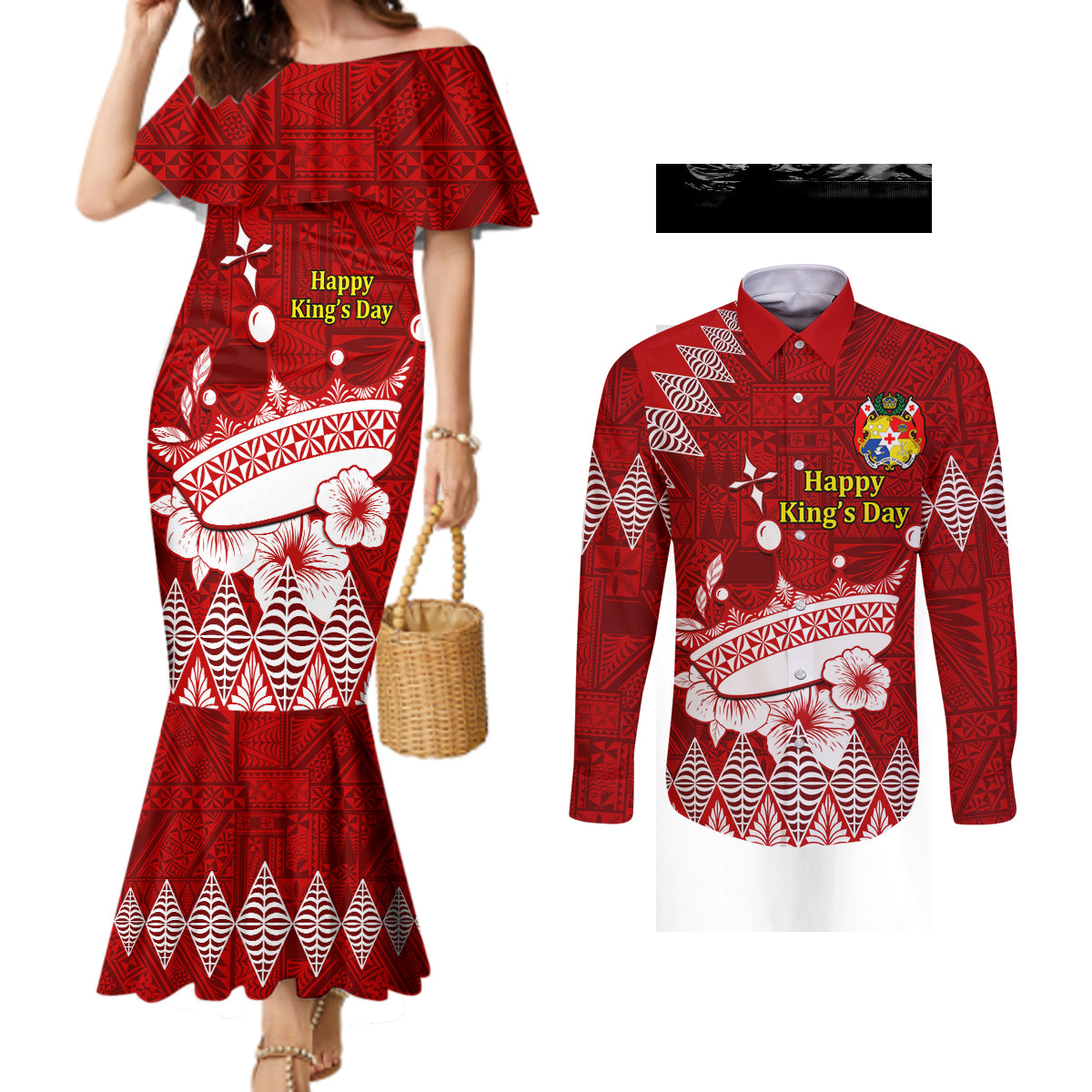 personalised-tonga-king-tupou-i-day-couples-matching-mermaid-dress-and-long-sleeve-button-shirt-tongan-ngatu-pattern-with-crown