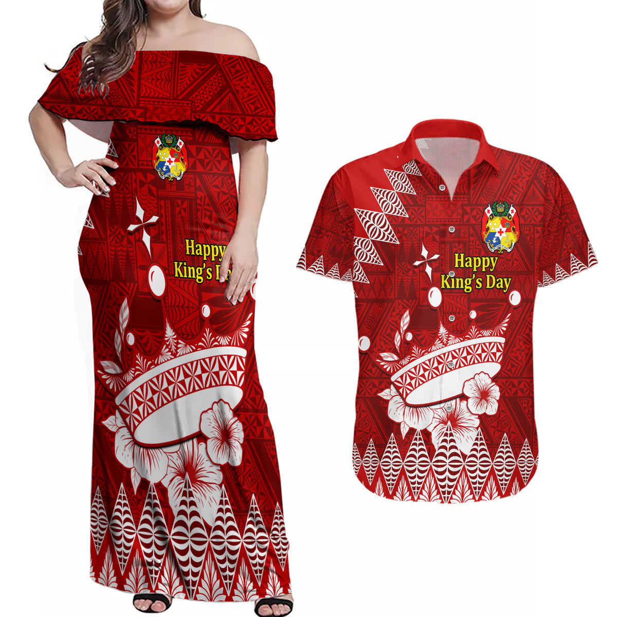 Personalised Tonga King Tupou I Day Couples Matching Off Shoulder Maxi Dress and Hawaiian Shirt Tongan Ngatu Pattern With Crown - Wonder Print Shop