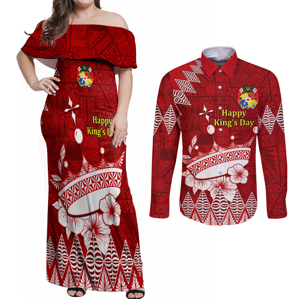 Personalised Tonga King Tupou I Day Couples Matching Off Shoulder Maxi Dress and Long Sleeve Button Shirt Tongan Ngatu Pattern With Crown - Wonder Print Shop