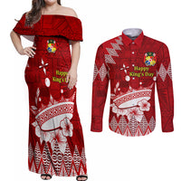 Personalised Tonga King Tupou I Day Couples Matching Off Shoulder Maxi Dress and Long Sleeve Button Shirt Tongan Ngatu Pattern With Crown - Wonder Print Shop
