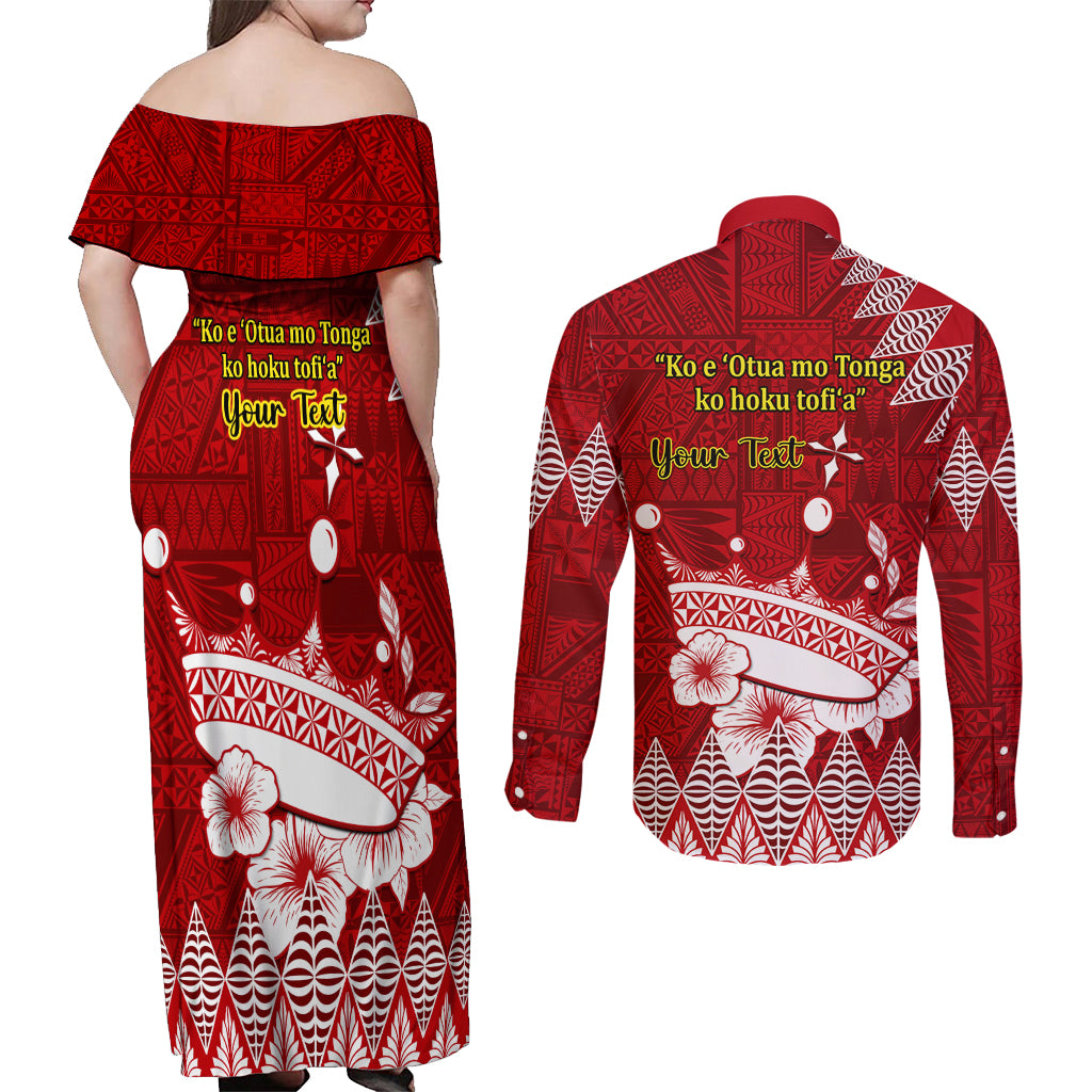 Personalised Tonga King Tupou I Day Couples Matching Off Shoulder Maxi Dress and Long Sleeve Button Shirt Tongan Ngatu Pattern With Crown - Wonder Print Shop