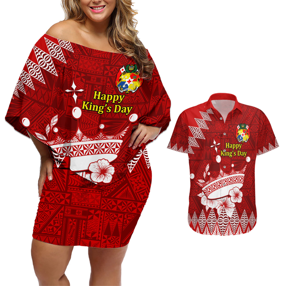 Personalised Tonga King Tupou I Day Couples Matching Off Shoulder Short Dress and Hawaiian Shirt Tongan Ngatu Pattern With Crown - Wonder Print Shop