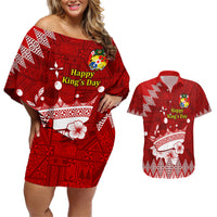 Personalised Tonga King Tupou I Day Couples Matching Off Shoulder Short Dress and Hawaiian Shirt Tongan Ngatu Pattern With Crown - Wonder Print Shop