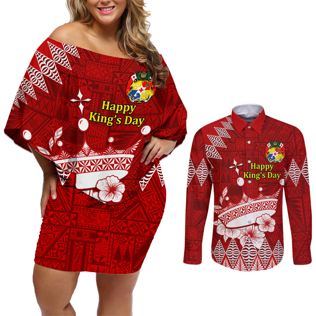 Personalised Tonga King Tupou I Day Couples Matching Off Shoulder Short Dress and Long Sleeve Button Shirt Tongan Ngatu Pattern With Crown - Wonder Print Shop